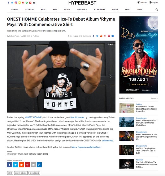 ONEST HOMME x ICE-T Collab Featured On HYPEBEAST